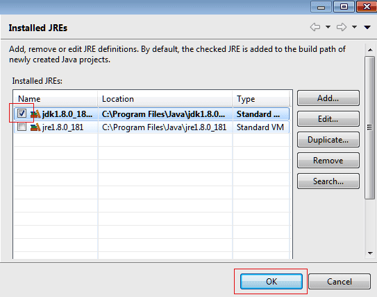 Click on OK in installed JRE