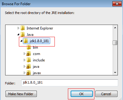 Select root directory of JRE installation