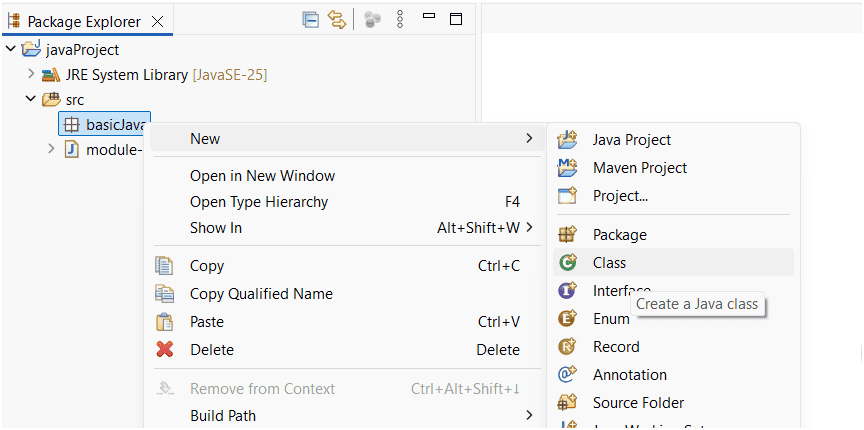 Create a Java class inside the package name.