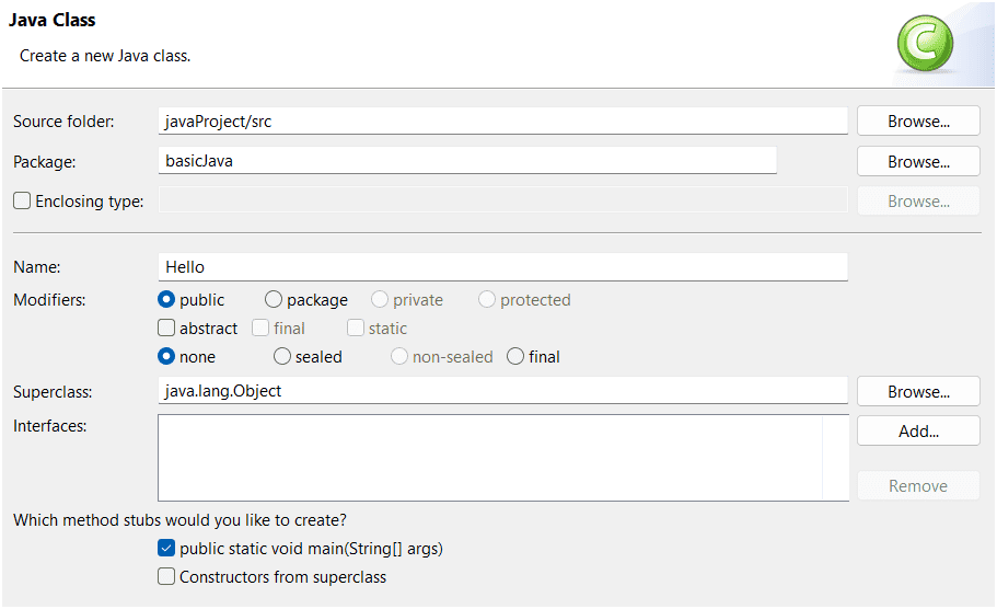 Enter Java class name in name field.