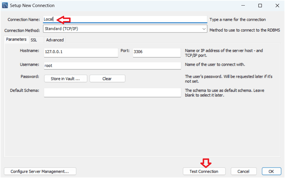 Enter Local as the connection name and click on test connection.