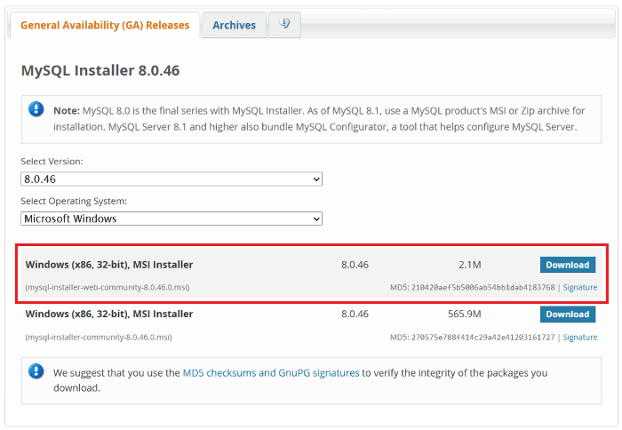 Download MySQL Installer for Windows.