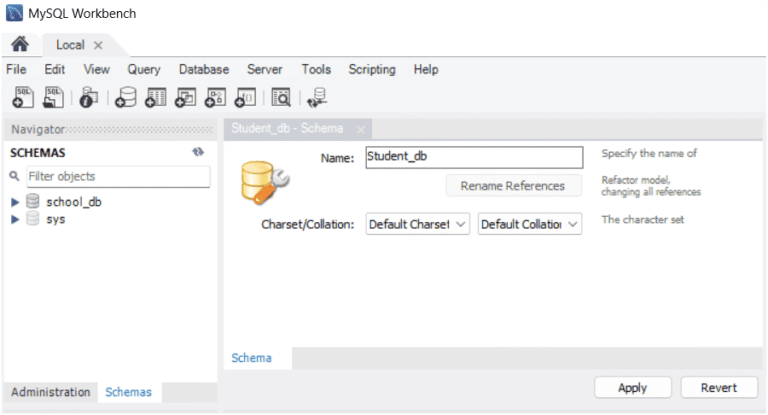 Enter database name and click Apply to create a new database in MySQL Workbench.