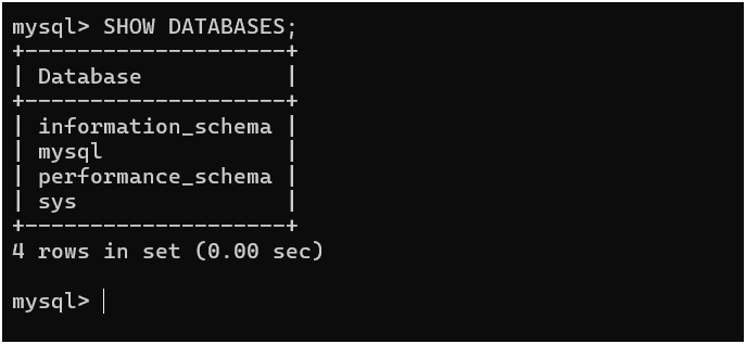 Show the existing databases using SQL command.