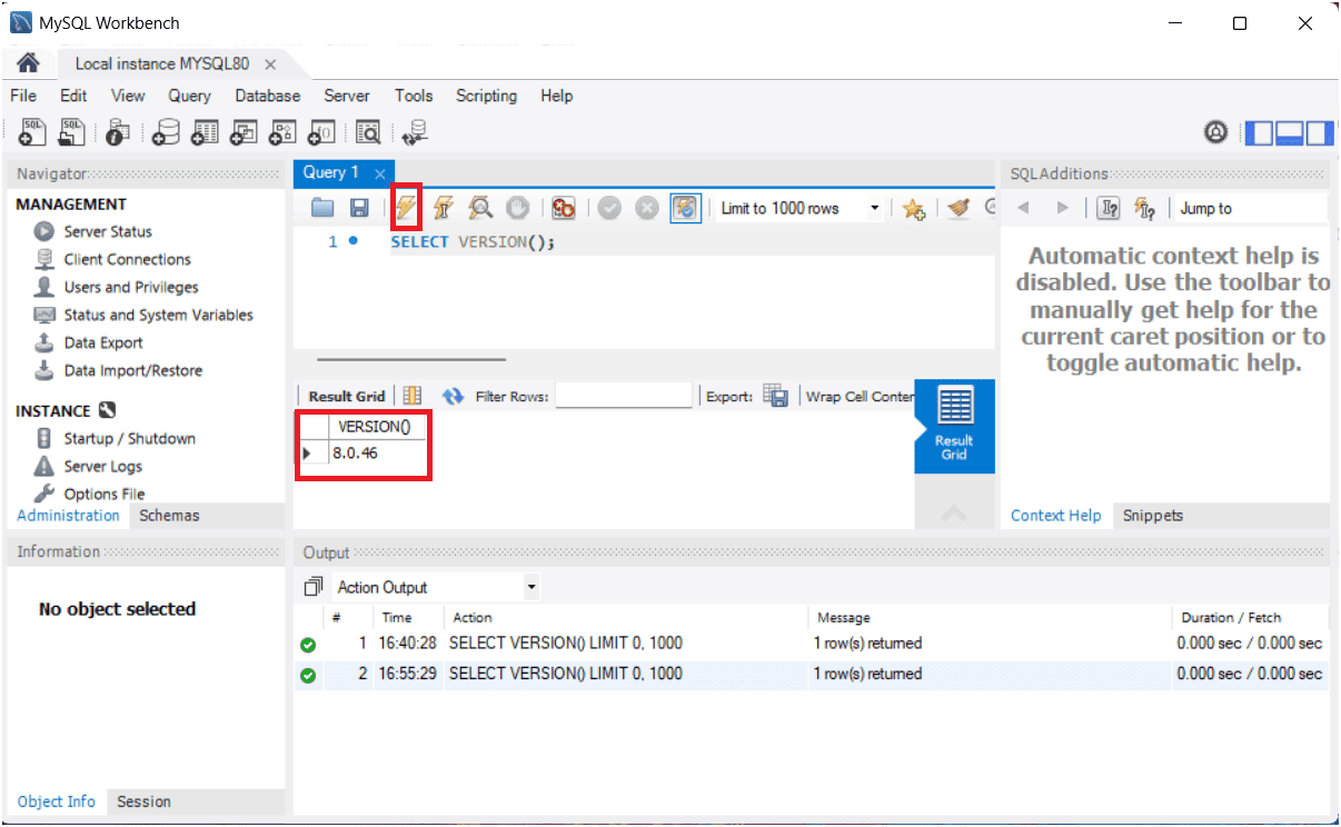 Verifying the installation of MySQL by running a query.