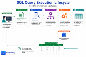 Diagram illustrating the SQL query execution lifecycle, showing query submission, parsing, optimization, execution, and result delivery in a database.