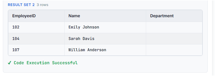 SQL query result set showing filtered employee records where the Department column is NULL for Emily Johnson, Sarah Davis, and William Anderson.